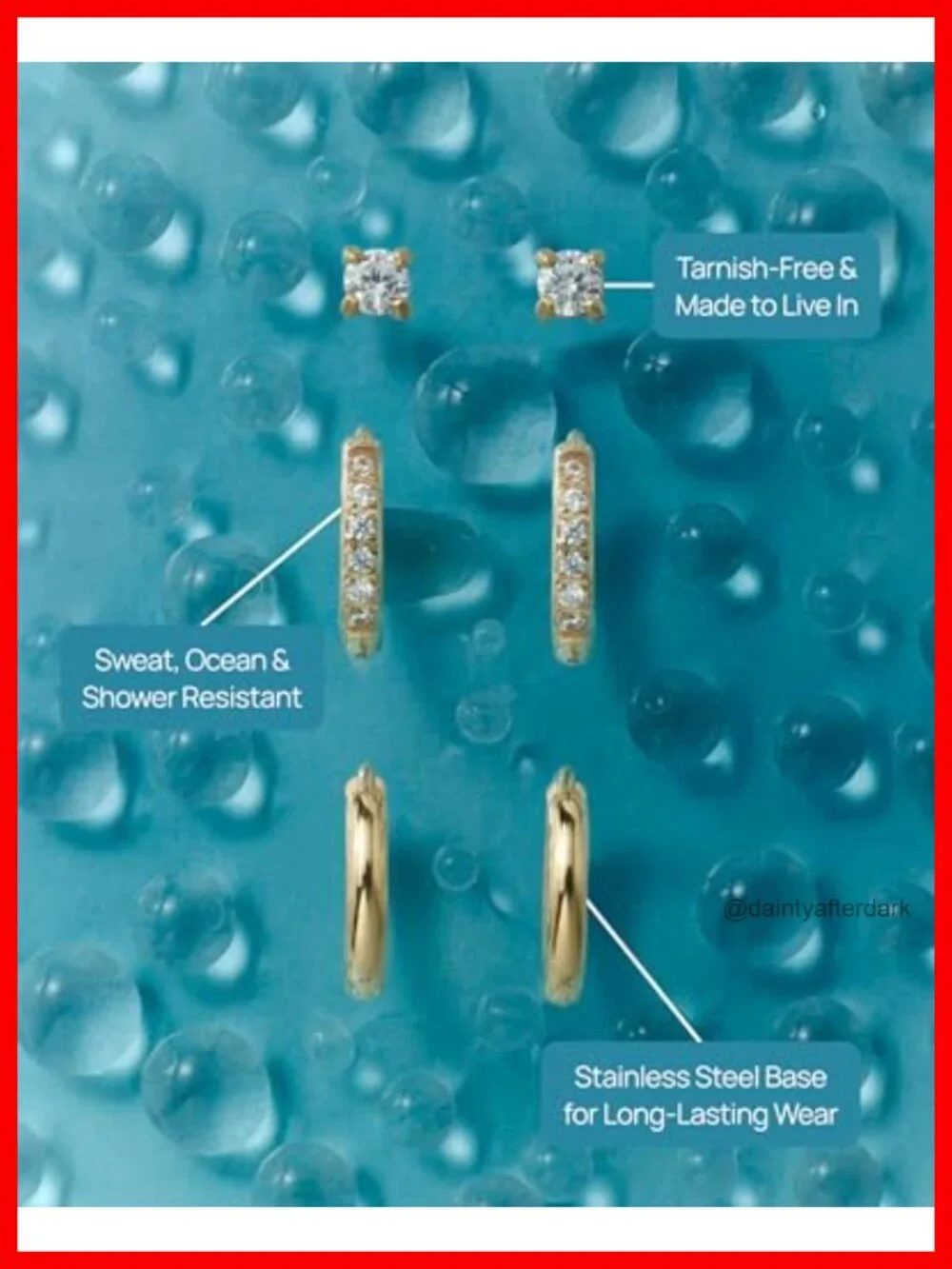 Waterproof Set of 3 Huggie Hoop Earrings, Stud & Hoops Pack
